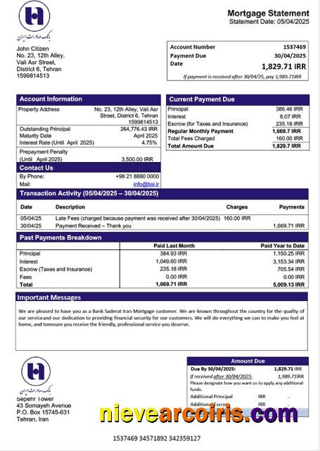 Iran Bank Saderat Iran mortgage statement Word and PDF template